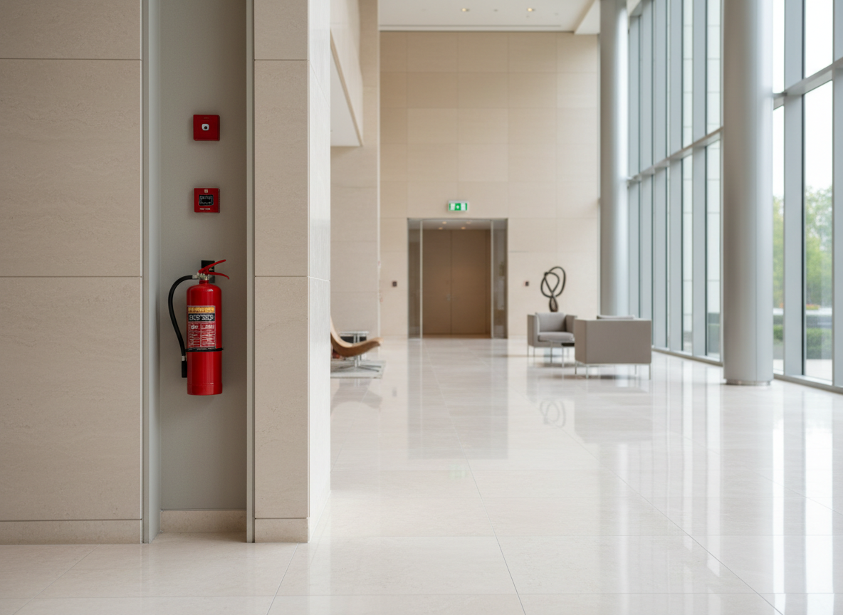 A spacious contemporary office lobby with a neutral color palette, featuring a clearly visible red fire extinguisher, sleek fire alarm call point, and illuminated emergency exit sign integrated into the clean architectural design. The extinguisher stands in a recessed niche beside a brushed steel column, while the call point is precisely mounted at a consistent height. Large floor-to-ceiling windows bathe the space in soft midday natural light, creating gentle reflections on polished stone flooring. Photographic realism at a slightly elevated angle with a moderate depth of field keeps all safety hardware in sharp detail, while furniture and décor subtly blur. The mood is calm, orderly, and reassuring, highlighting unobtrusive yet comprehensive fire safety in a commercial environment.