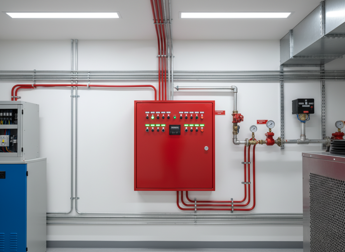 A meticulously organized fire alarm control panel with bright red metal casing and clearly labeled zones, mounted on a clean white wall in a modern commercial building plant room. Neatly routed conduit and cabling run vertically and horizontally with precise bends, alongside steel sprinkler pipes and labeled shutoff valves. Cool, even LED ceiling lighting creates crisp reflections on the panel’s smooth surface and casts soft, controlled shadows on the wall. Photographed at eye level in photographic realism, with sharp focus throughout and a slightly wide composition that captures adjacent equipment, the mood is professional, reliable, and technically competent, emphasizing comprehensive fire and life-safety system management without visual clutter.