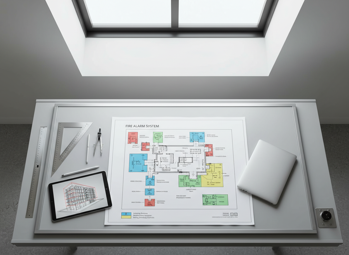 A neatly labeled fire alarm system schematic laid out on a large, light grey drafting table in a modern design office, surrounded by precision tools such as metal rulers, a digital tablet displaying a 3D building model, and a closed laptop with a clean, brushed aluminum finish. The schematic shows clear, color-coded zones and pathways for detectors, sounders, and control panels. Soft overhead daylight from a skylight above creates even, shadow-free illumination, with subtle reflections on the drafting tools. Shot from a slightly elevated, top-down angle in photographic realism, the composition follows the rule of thirds, guiding the eye through the planned system layout. The mood is methodical and detail-oriented, emphasizing thoughtful design and planning of complete fire and life-safety solutions.