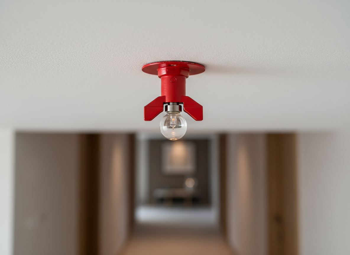 A detailed close-up of a bright red sprinkler head with precision-machined metal components and a clear glass bulb, emerging from a pristine white ceiling tile in a high-end residential corridor. The ceiling surface is perfectly smooth, with subtle texture visible under soft, diffused LED downlighting. The lighting creates a gentle highlight on the metallic surfaces of the sprinkler and casts a faint shadow ring around its base. Captured in photographic realism with a shallow depth of field, the sprinkler head is in razor-sharp focus while the corridor background fades into a soft, neutral blur. The mood is discreet yet secure, emphasizing high-quality, professionally installed fire protection in a residential setting.