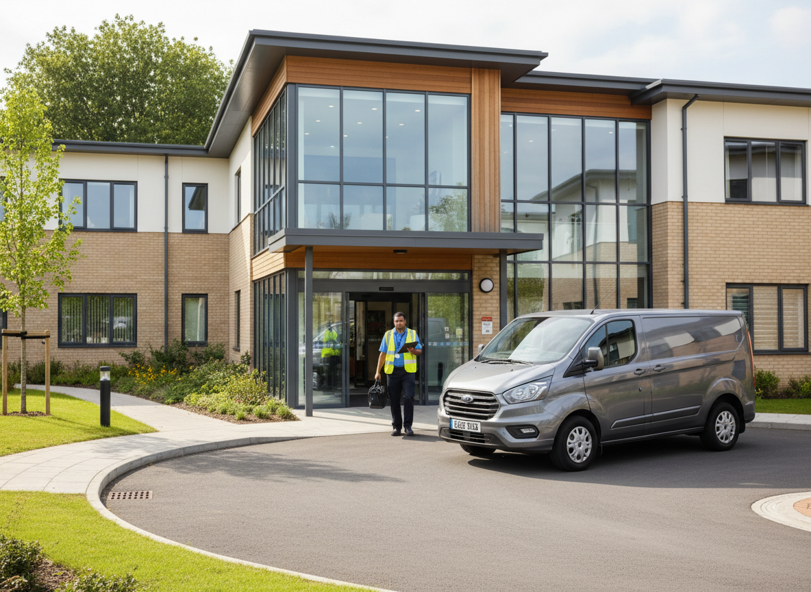 Grey Ford Transit van parked outside a nursing home with a worker about to enter