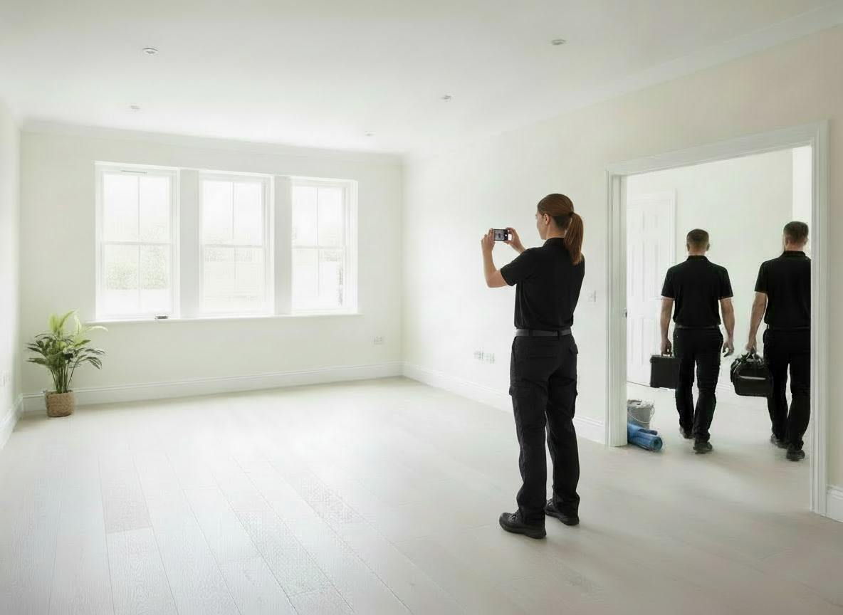 Edit the existing hero image by adding one clearly visible female property maintenance worker in the foreground, taking completion photographs of the empty finished room. Keep the room unfurnished and clean, with only a small amount of work equipment being carried out. Keep the other workers leaving in the background. Use plain black uniforms with no visible branding, and keep the bright realistic professional ready-to-let style.