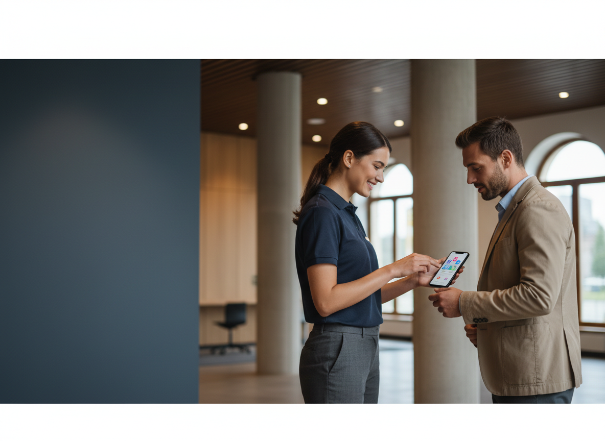 Professional team members reviewing social media on a smartphone in a modern building lobby
